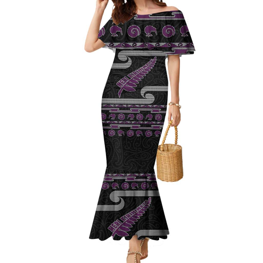New Zealand Christmas Mermaid Dress Meri Kirihimete Silver Fern Knit Style Purple Color - Polynesian Pride