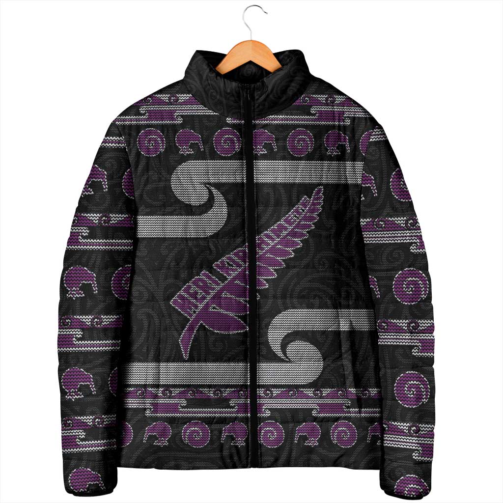 New Zealand Christmas Padded Jacket Meri Kirihimete Silver Fern Knit Style Purple Color - Polynesian Pride