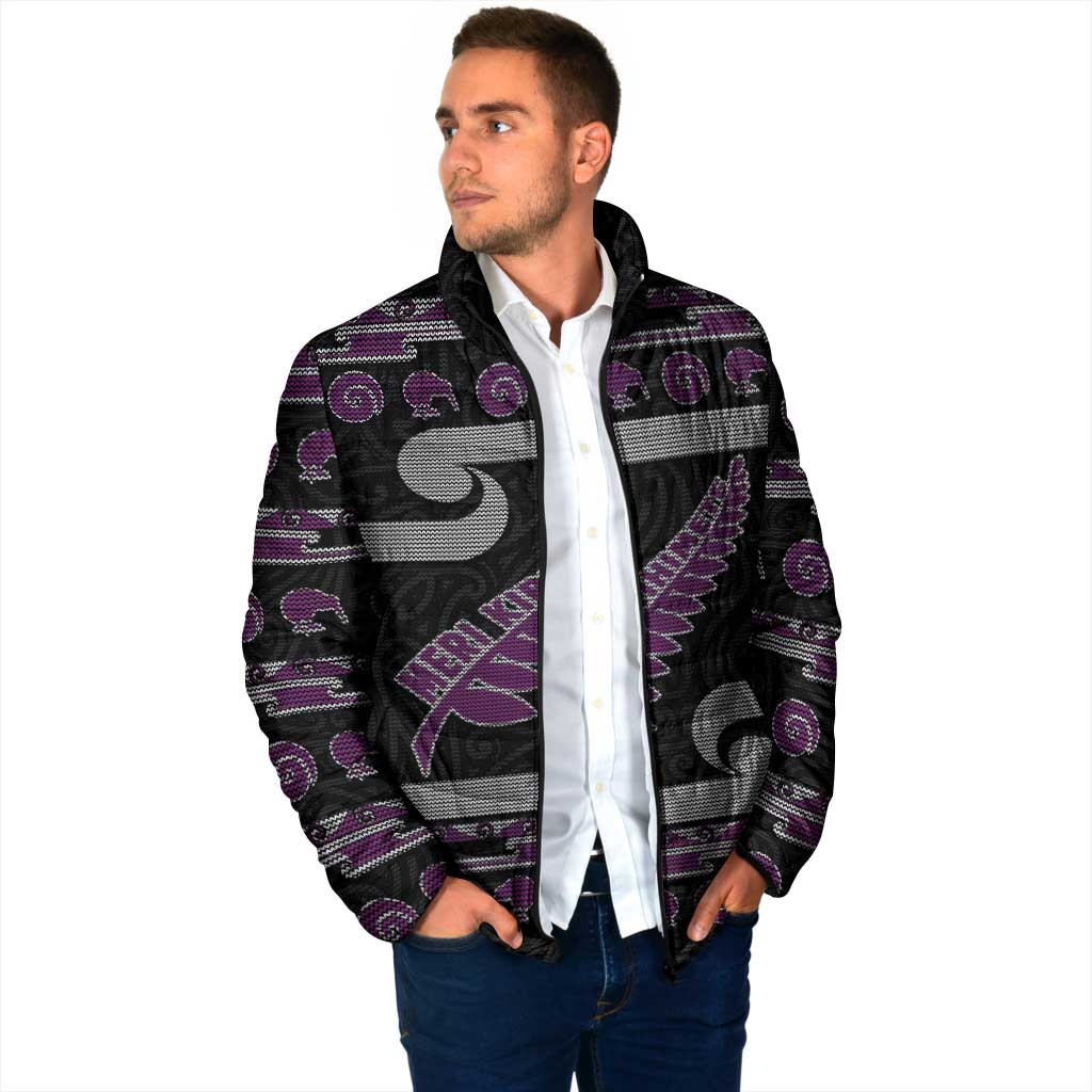 New Zealand Christmas Padded Jacket Meri Kirihimete Silver Fern Knit Style Purple Color - Polynesian Pride