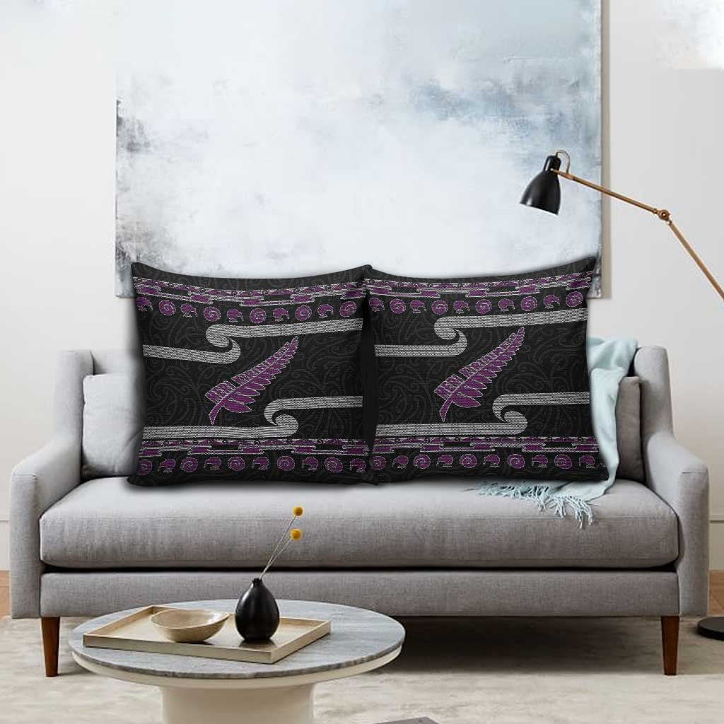 New Zealand Christmas Pillow Cover Meri Kirihimete Silver Fern Knit Style Purple Color - Polynesian Pride