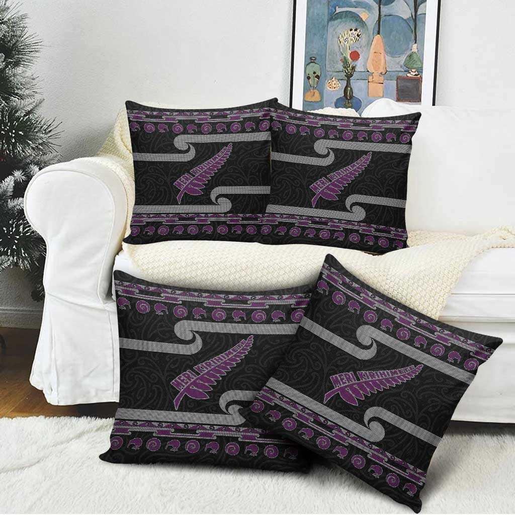 New Zealand Christmas Pillow Cover Meri Kirihimete Silver Fern Knit Style Purple Color - Polynesian Pride