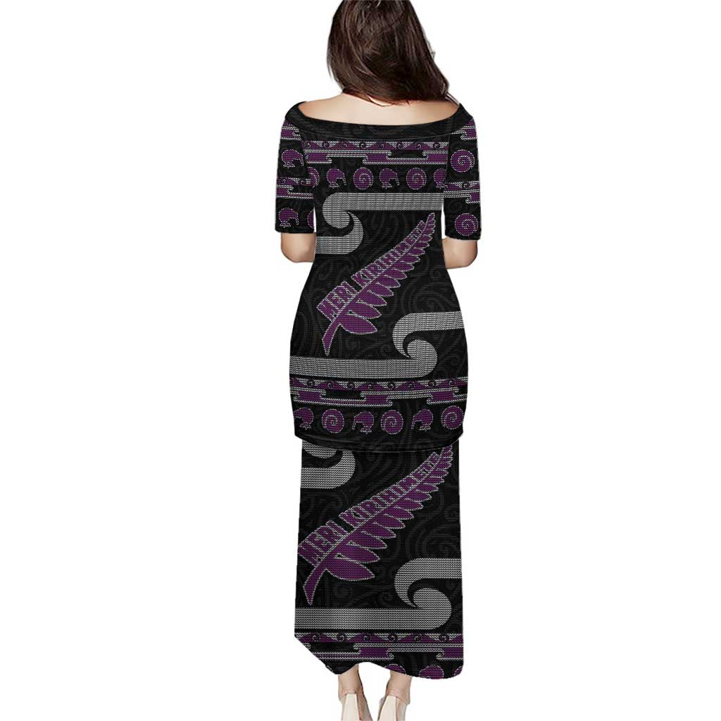 New Zealand Christmas Puletasi Meri Kirihimete Silver Fern Knit Style Purple Color - Polynesian Pride