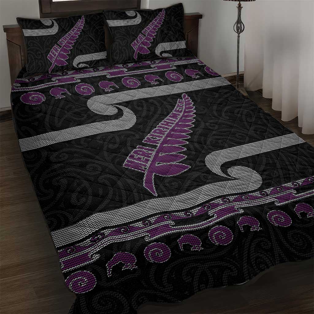 New Zealand Christmas Quilt Bed Set Meri Kirihimete Silver Fern Knit Style Purple Color - Polynesian Pride