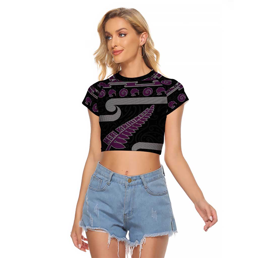 New Zealand Christmas Raglan Cropped T Shirt Meri Kirihimete Silver Fern Knit Style Purple Color - Polynesian Pride