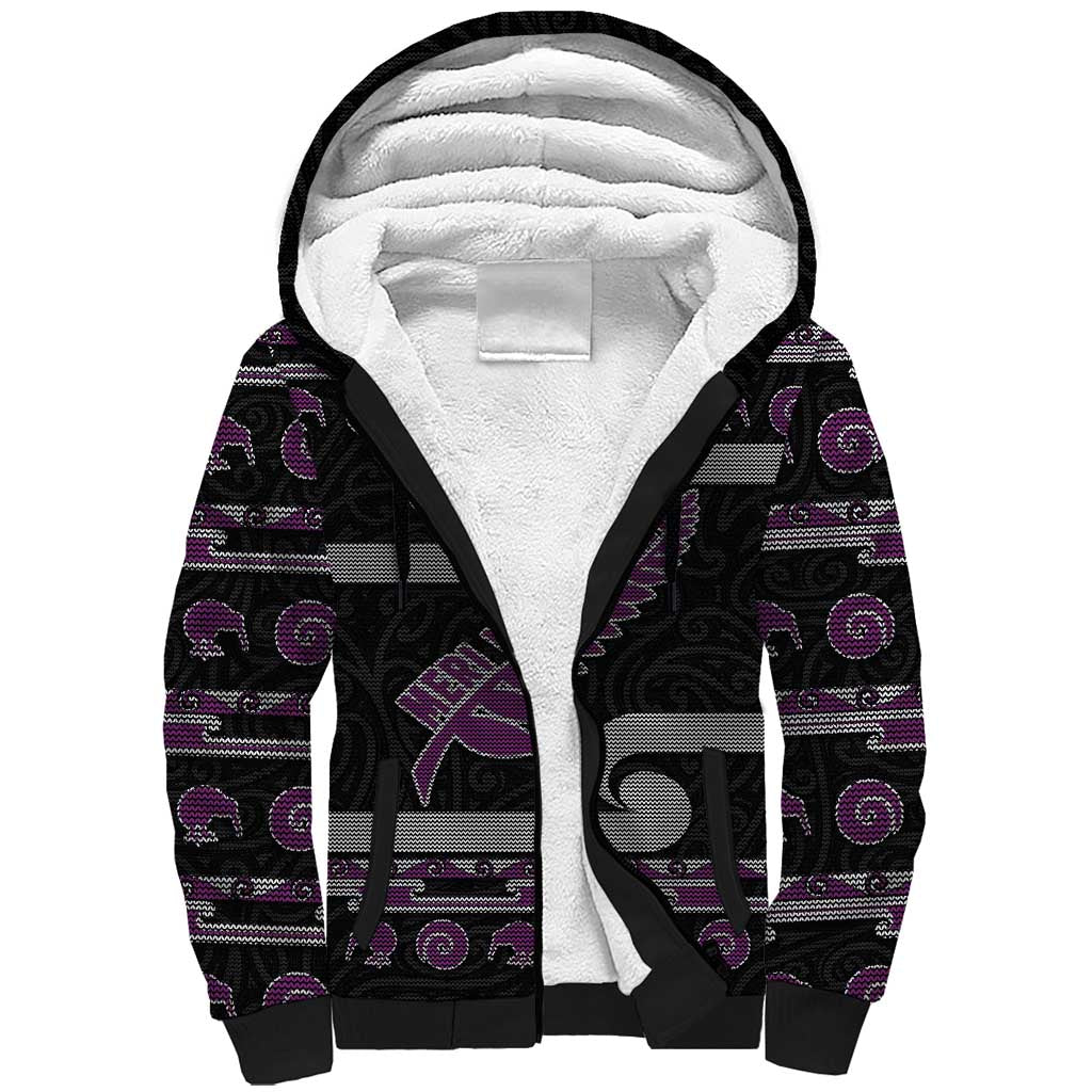 New Zealand Christmas Sherpa Hoodie Meri Kirihimete Silver Fern Knit Style Purple Color - Polynesian Pride