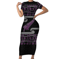 New Zealand Christmas Short Sleeve Bodycon Dress Meri Kirihimete Silver Fern Knit Style Purple Color - Polynesian Pride