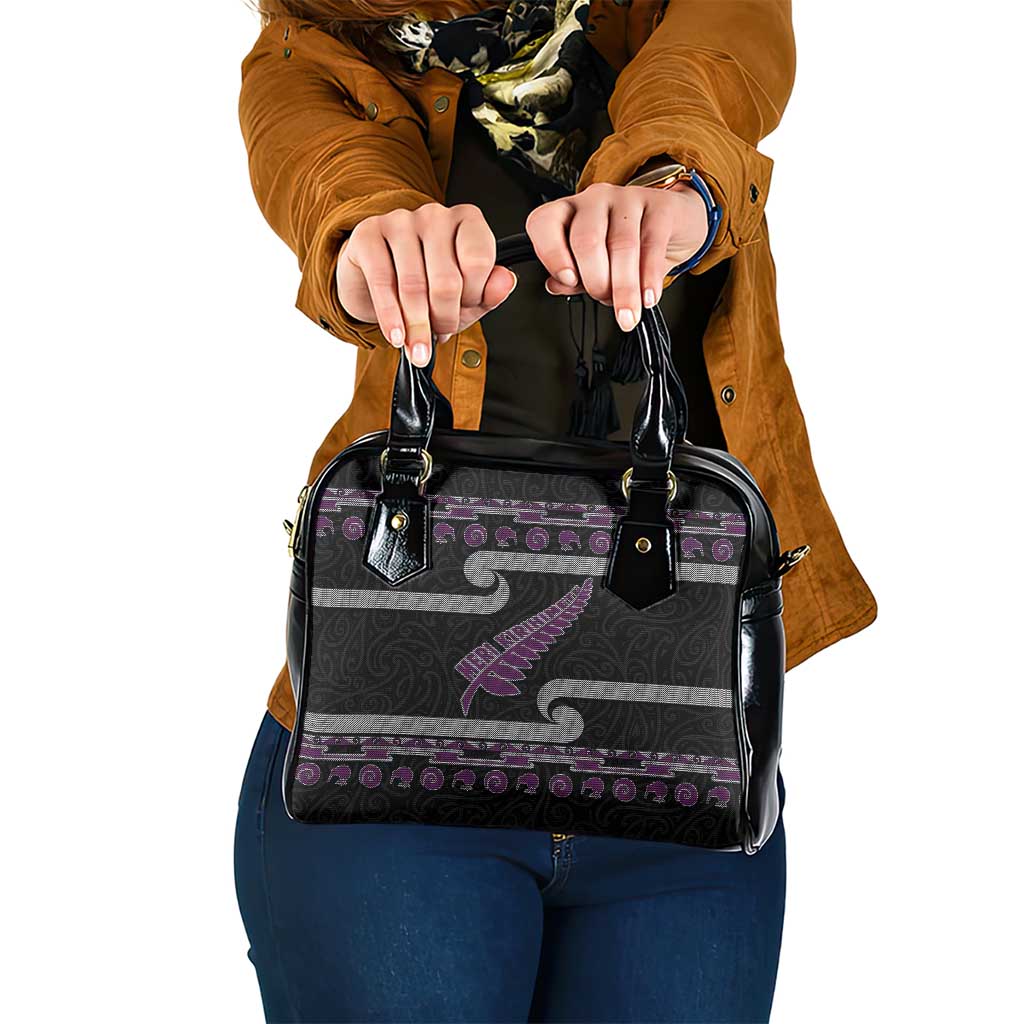 New Zealand Christmas Shoulder Handbag Meri Kirihimete Silver Fern Knit Style Purple Color - Polynesian Pride