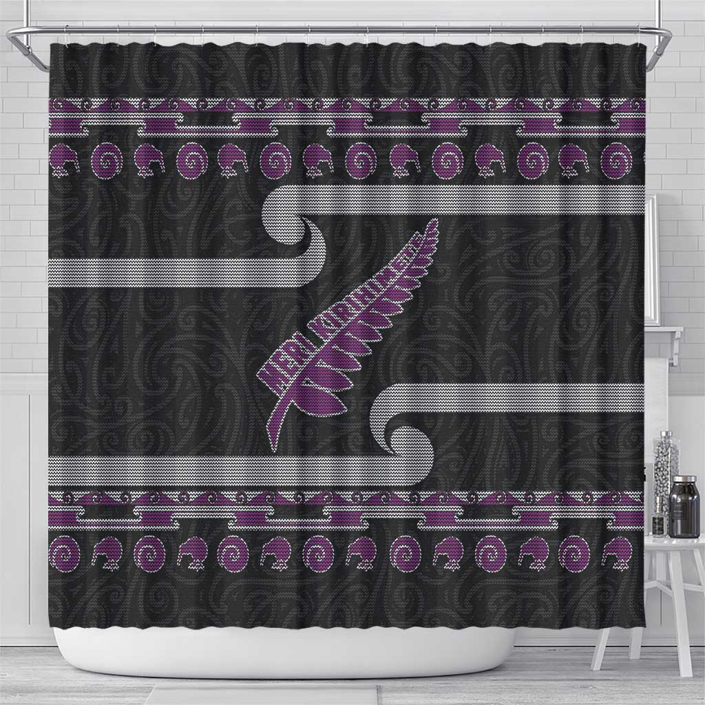 New Zealand Christmas Shower Curtain Meri Kirihimete Silver Fern Knit Style Purple Color - Polynesian Pride