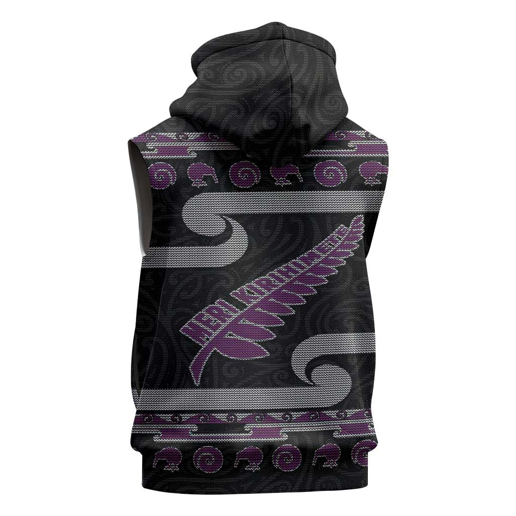 New Zealand Christmas Sleeveless Hoodie Meri Kirihimete Silver Fern Knit Style Purple Color - Polynesian Pride