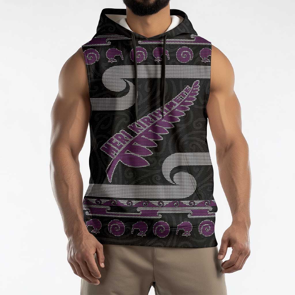 New Zealand Christmas Sleeveless Hoodie Meri Kirihimete Silver Fern Knit Style Purple Color - Polynesian Pride