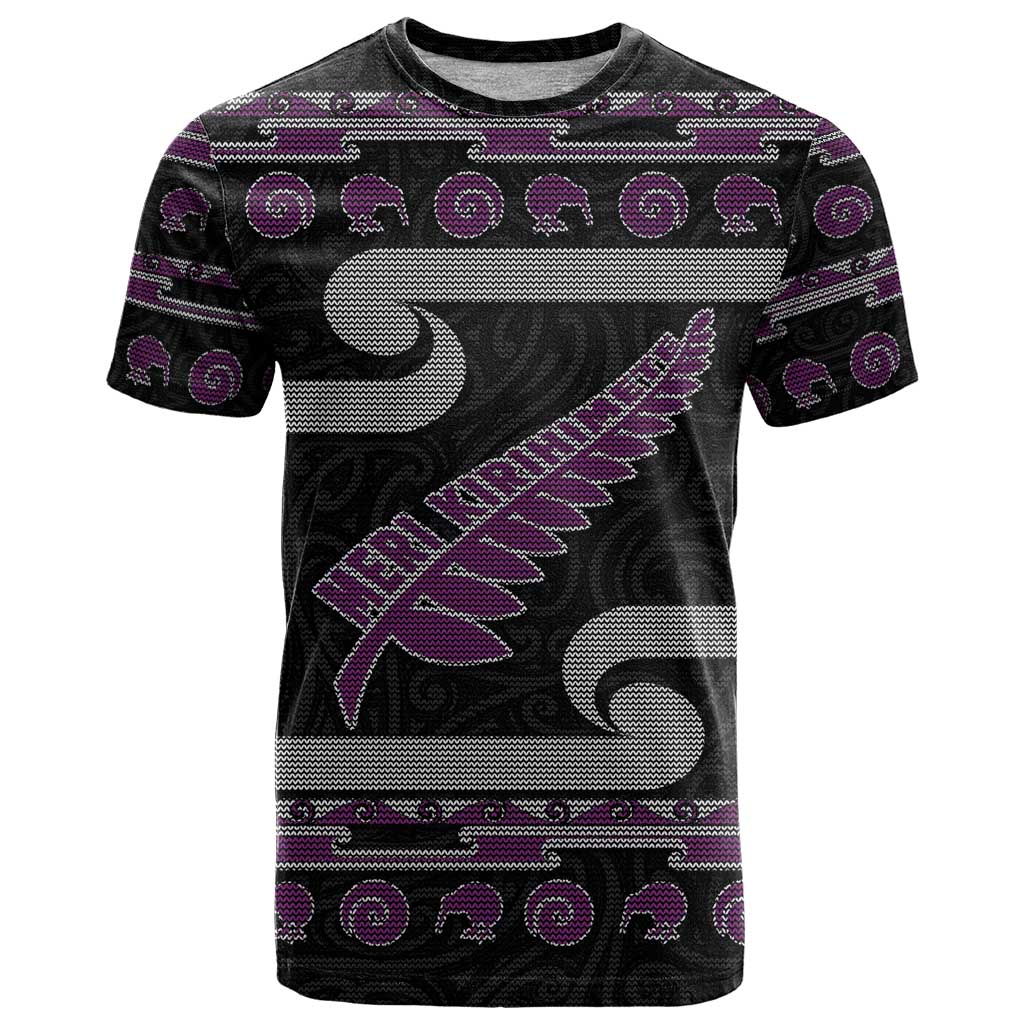 New Zealand Christmas T Shirt Meri Kirihimete Silver Fern Knit Style Purple Color - Polynesian Pride