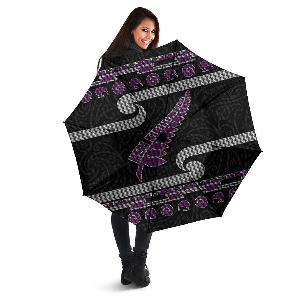 New Zealand Christmas Umbrella Meri Kirihimete Silver Fern Knit Style Purple Color - Polynesian Pride