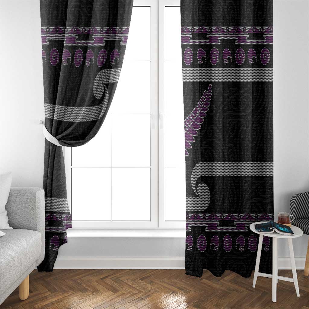 New Zealand Christmas Window Curtain Meri Kirihimete Silver Fern Knit Style Purple Color - Polynesian Pride