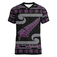 New Zealand Christmas Women V-Neck T-Shirt Meri Kirihimete Silver Fern Knit Style Purple Color - Polynesian Pride