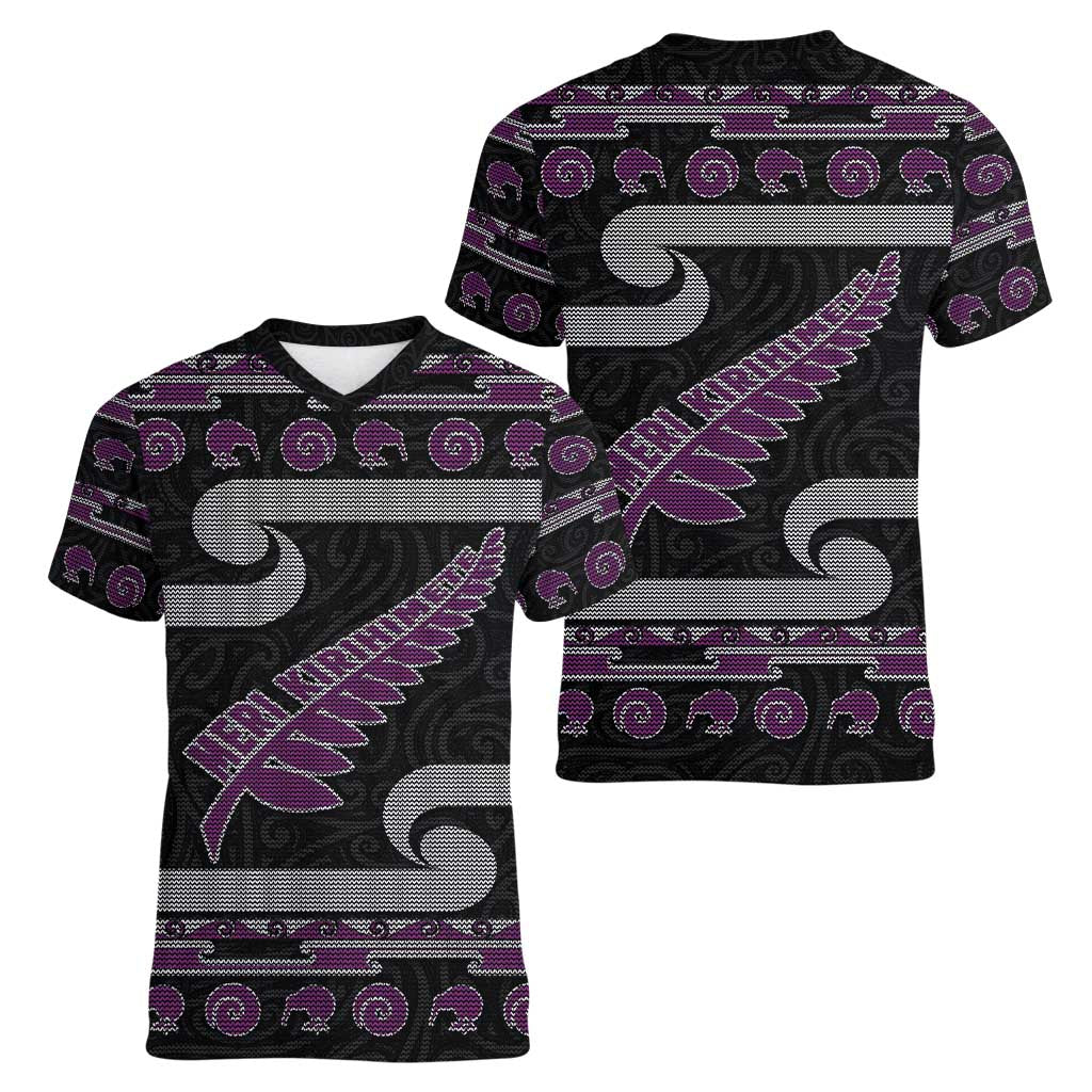 New Zealand Christmas Women V-Neck T-Shirt Meri Kirihimete Silver Fern Knit Style Purple Color - Polynesian Pride