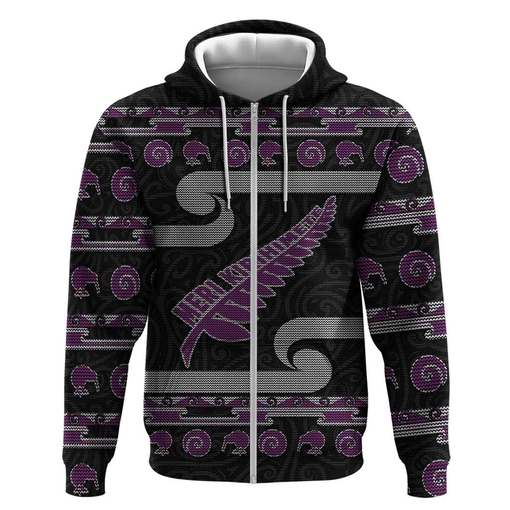New Zealand Christmas Zip Hoodie Meri Kirihimete Silver Fern Knit Style Purple Color - Polynesian Pride