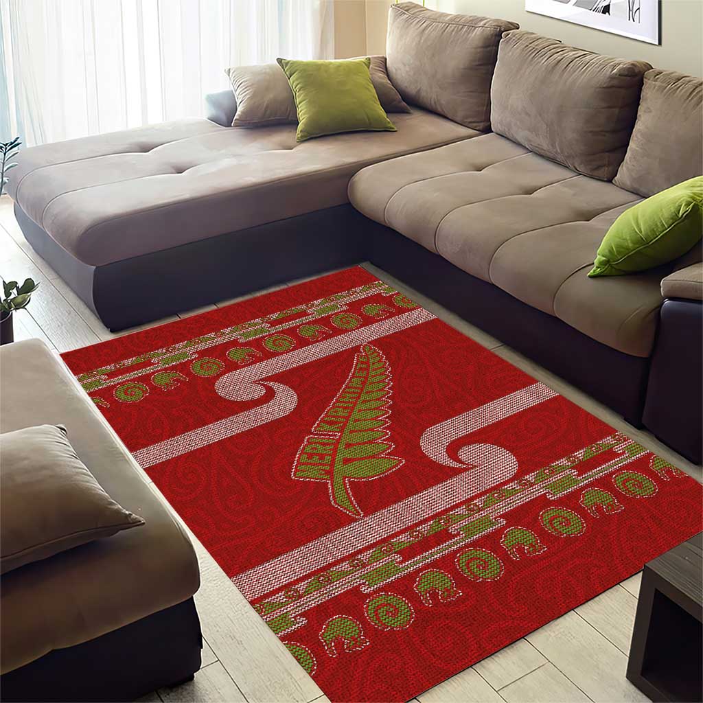 New Zealand Christmas Area Rug Meri Kirihimete Silver Fern Knit Style Green Color - Polynesian Pride