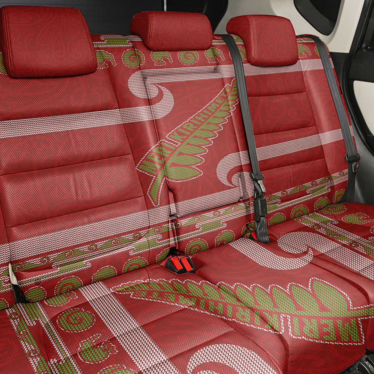New Zealand Christmas Back Car Seat Cover Meri Kirihimete Silver Fern Knit Style Green Color - Polynesian Pride