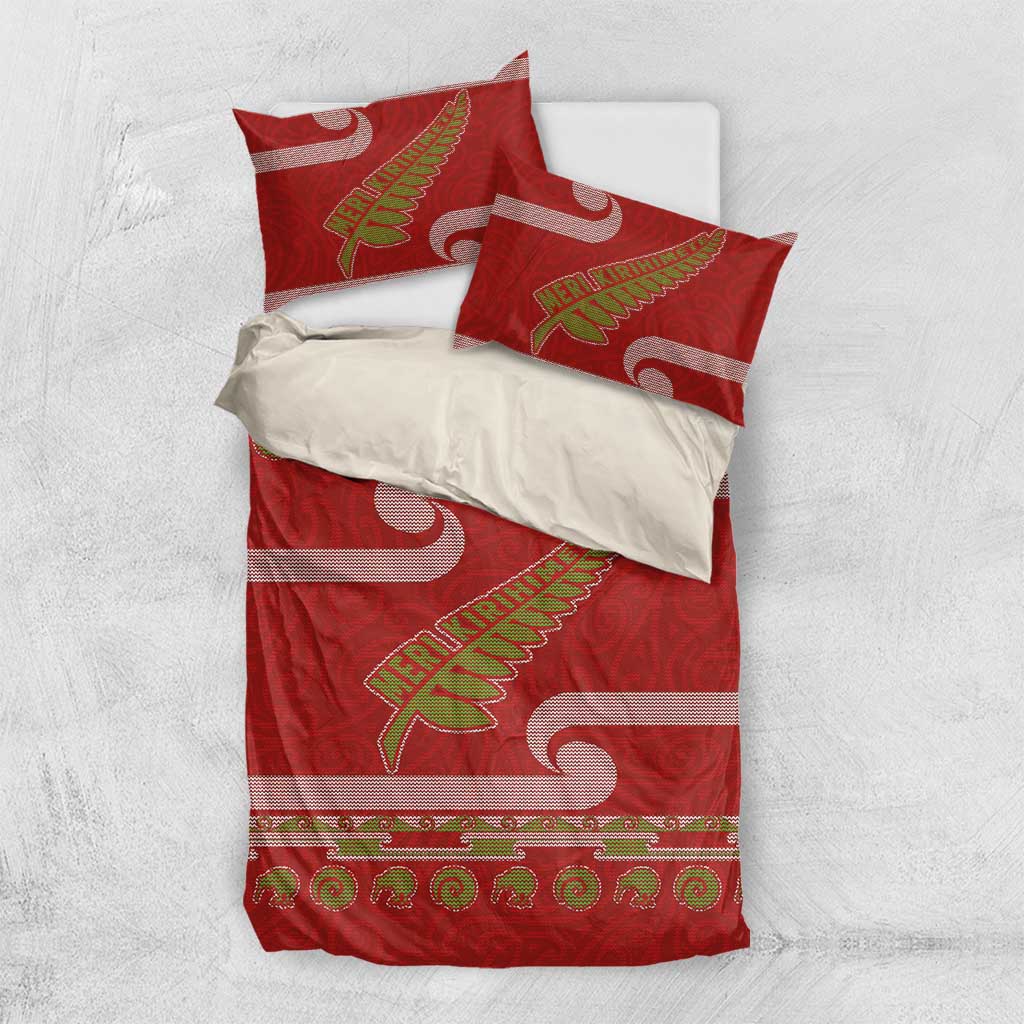New Zealand Christmas Bedding Set Meri Kirihimete Silver Fern Knit Style Green Color - Polynesian Pride