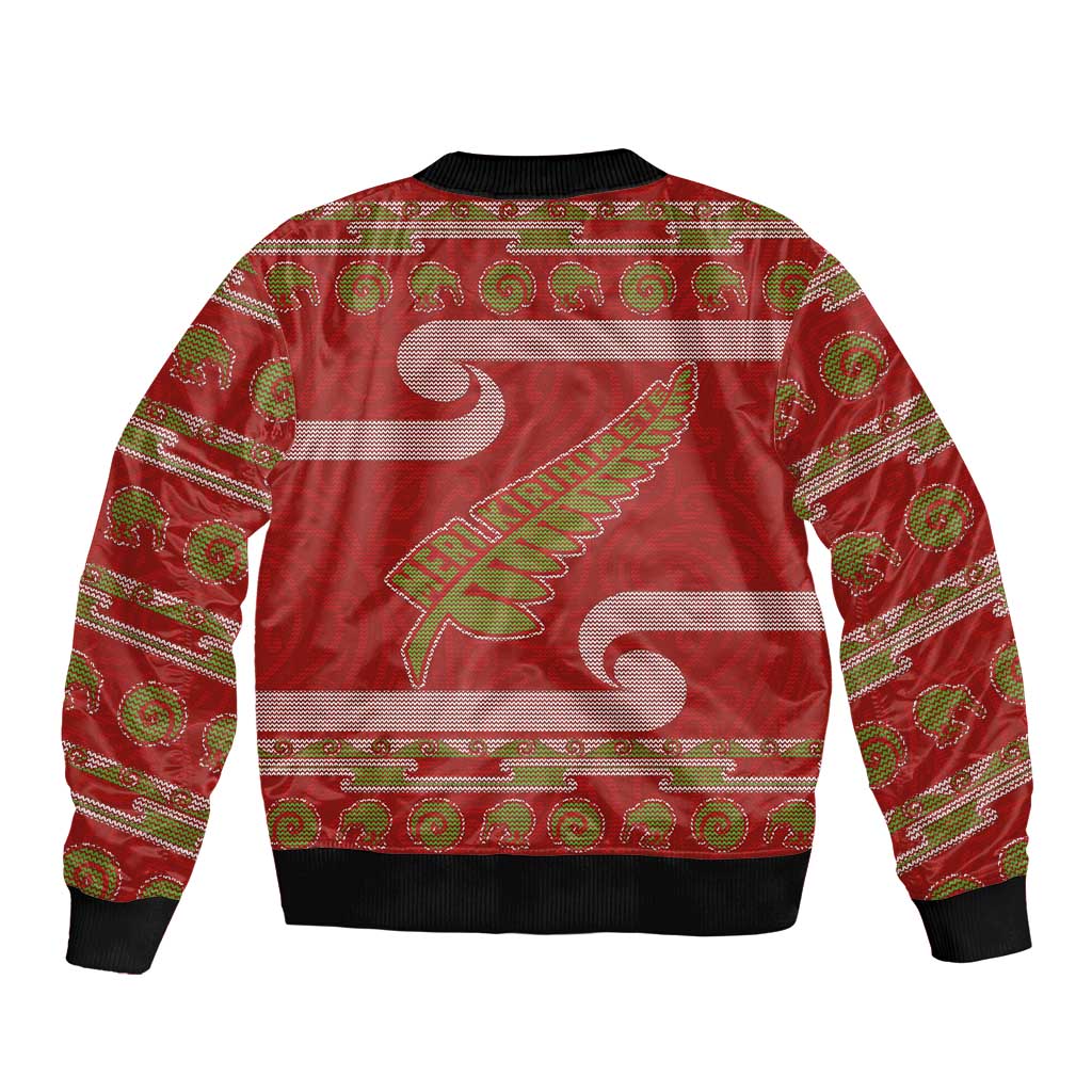 New Zealand Christmas Bomber Jacket Meri Kirihimete Silver Fern Knit Style Green Color - Polynesian Pride