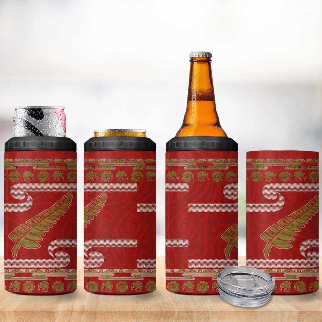 New Zealand Christmas 4 in 1 Can Cooler Tumbler Meri Kirihimete Silver Fern Knit Style Green Color - Polynesian Pride