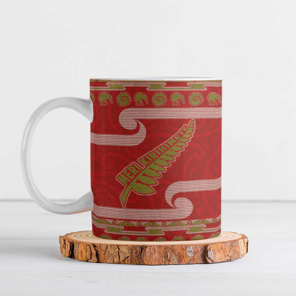 New Zealand Christmas Ceramic Mug Meri Kirihimete Silver Fern Knit Style Green Color - Polynesian Pride