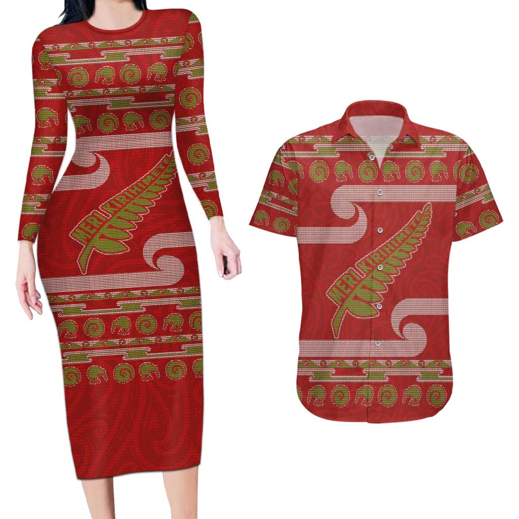 New Zealand Christmas Couples Matching Long Sleeve Bodycon Dress and Hawaiian Shirt Meri Kirihimete Silver Fern Knit Style Green Color - Polynesian Pride