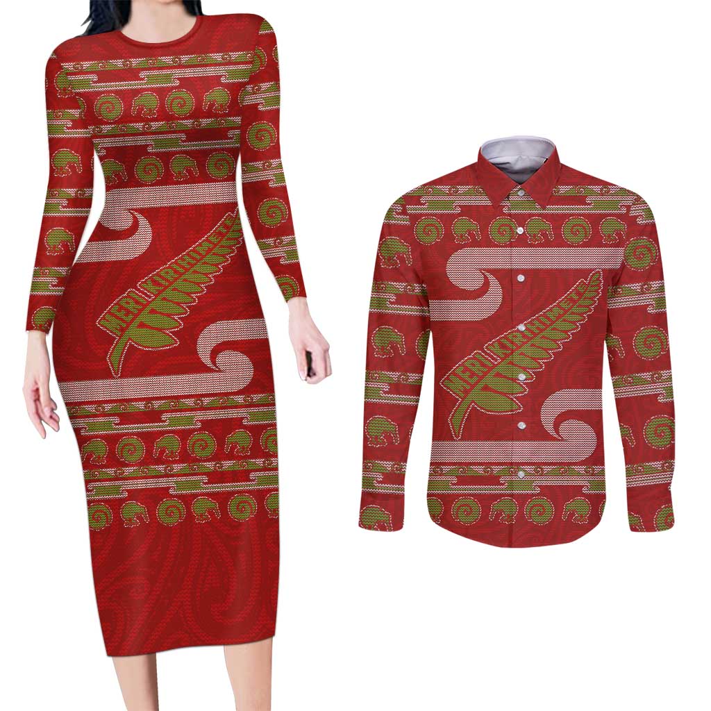 New Zealand Christmas Couples Matching Long Sleeve Bodycon Dress and Long Sleeve Button Shirt Meri Kirihimete Silver Fern Knit Style Green Color - Polynesian Pride