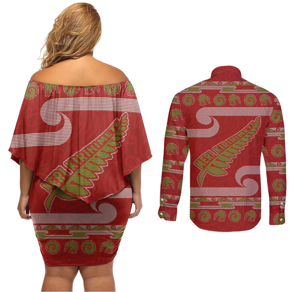 New Zealand Christmas Couples Matching Off Shoulder Short Dress and Long Sleeve Button Shirt Meri Kirihimete Silver Fern Knit Style Green Color - Polynesian Pride