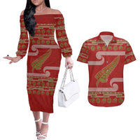 New Zealand Christmas Couples Matching Off The Shoulder Long Sleeve Dress and Hawaiian Shirt Meri Kirihimete Silver Fern Knit Style Green Color - Polynesian Pride