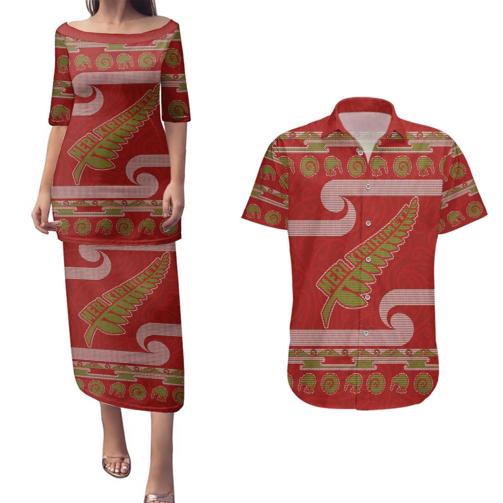 New Zealand Christmas Couples Matching Puletasi and Hawaiian Shirt Meri Kirihimete Silver Fern Knit Style Green Color - Polynesian Pride