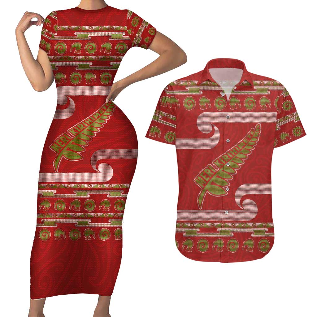 New Zealand Christmas Couples Matching Short Sleeve Bodycon Dress and Hawaiian Shirt Meri Kirihimete Silver Fern Knit Style Green Color - Polynesian Pride