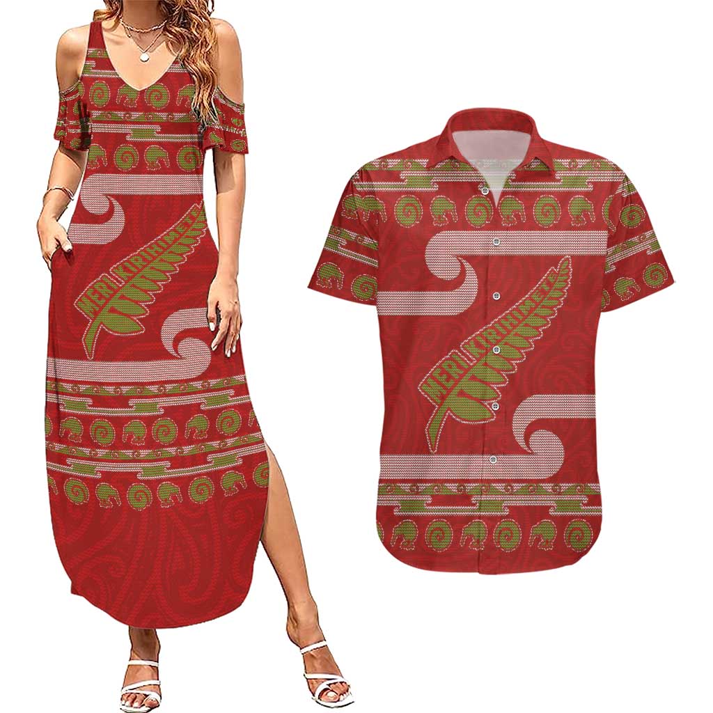 New Zealand Christmas Couples Matching Summer Maxi Dress and Hawaiian Shirt Meri Kirihimete Silver Fern Knit Style Green Color - Polynesian Pride