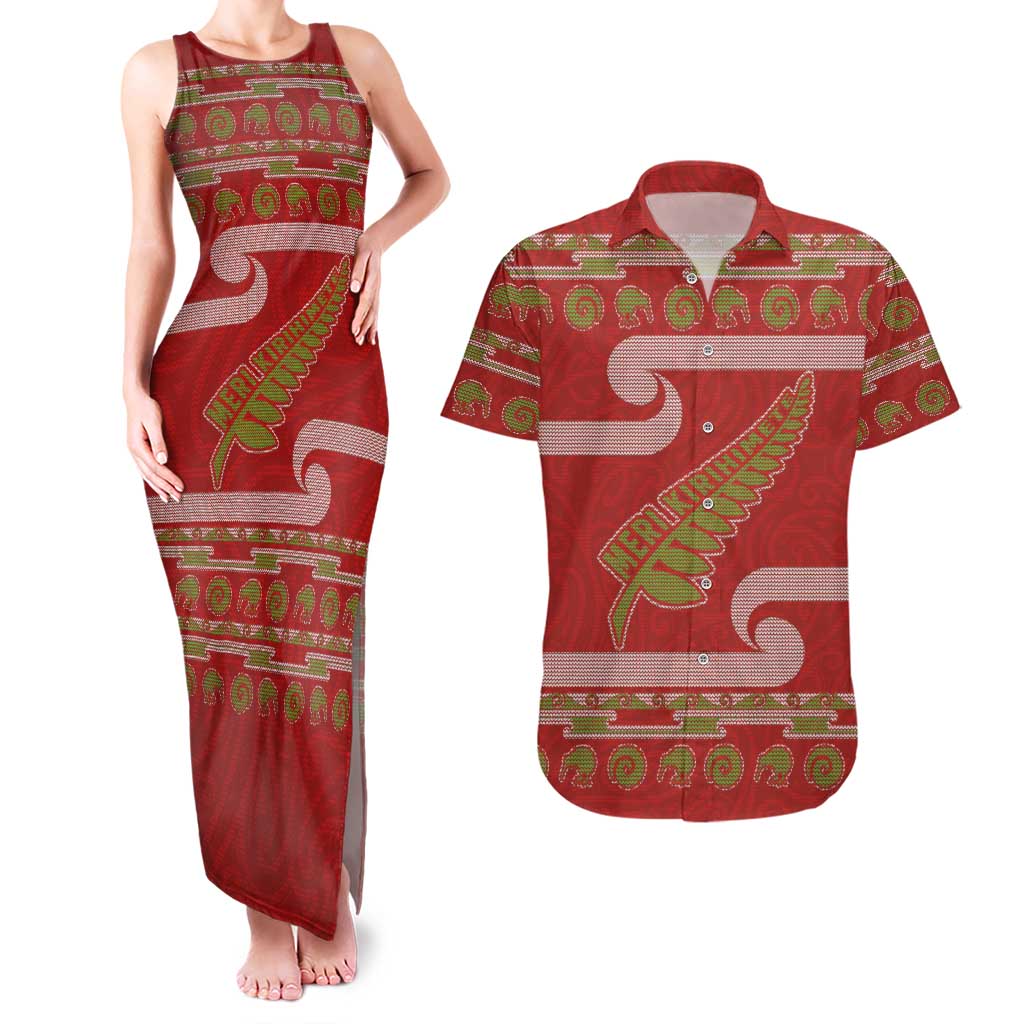 New Zealand Christmas Couples Matching Tank Maxi Dress and Hawaiian Shirt Meri Kirihimete Silver Fern Knit Style Green Color - Polynesian Pride