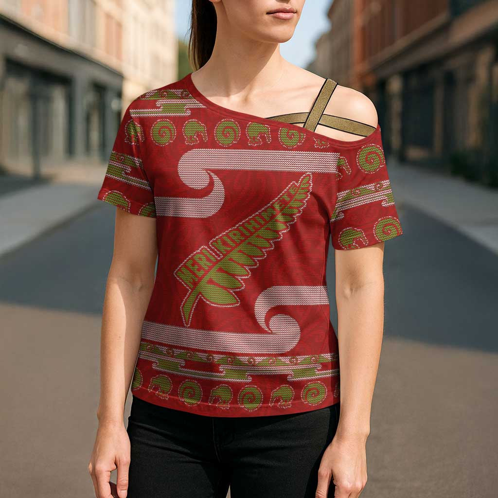 New Zealand Christmas Cross Shoulder Shirt Meri Kirihimete Silver Fern Knit Style Green Color - Polynesian Pride