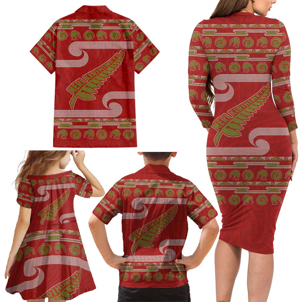 New Zealand Christmas Family Matching Long Sleeve Bodycon Dress and Hawaiian Shirt Meri Kirihimete Silver Fern Knit Style Green Color - Polynesian Pride