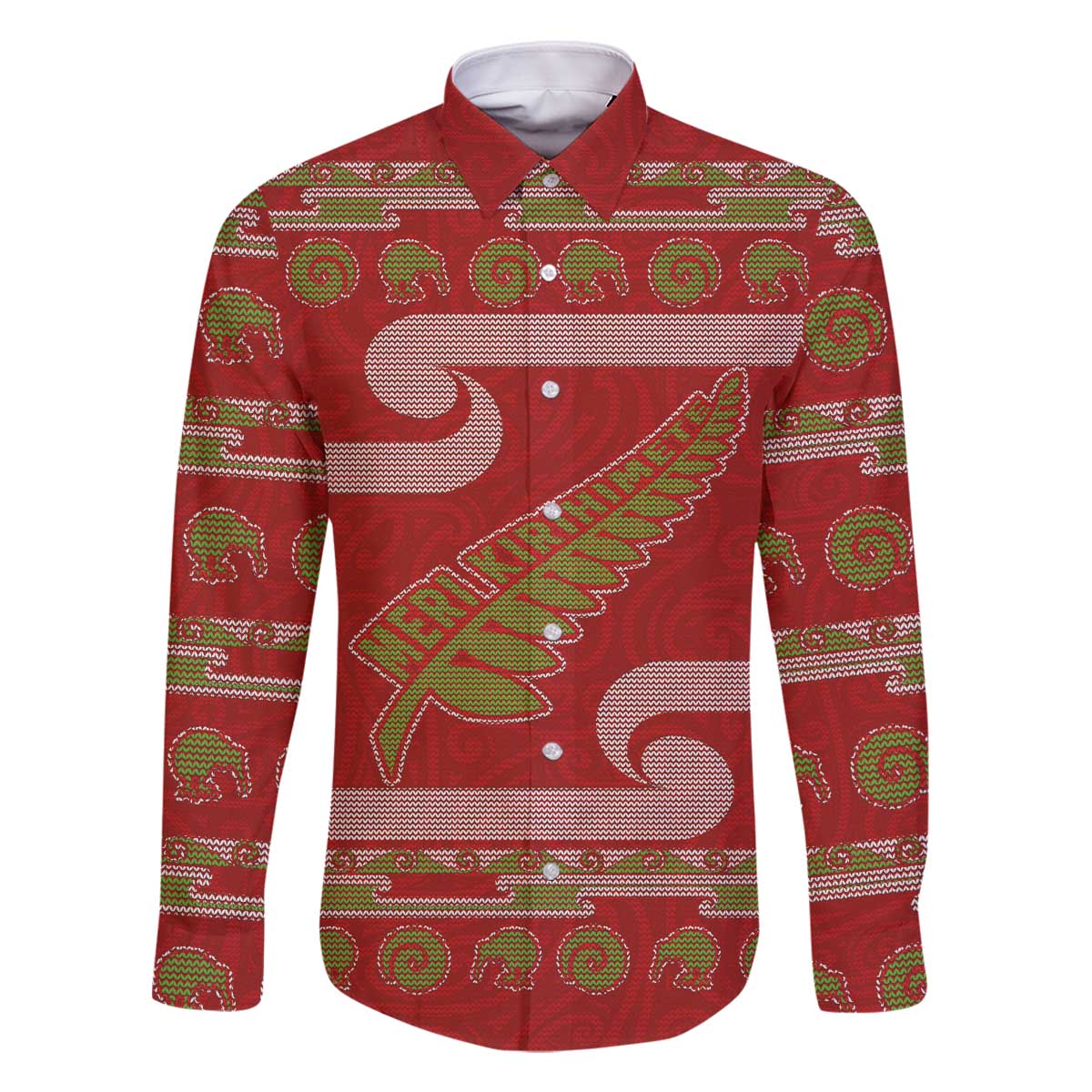 New Zealand Christmas Family Matching Off The Shoulder Long Sleeve Dress and Hawaiian Shirt Meri Kirihimete Silver Fern Knit Style Green Color - Polynesian Pride