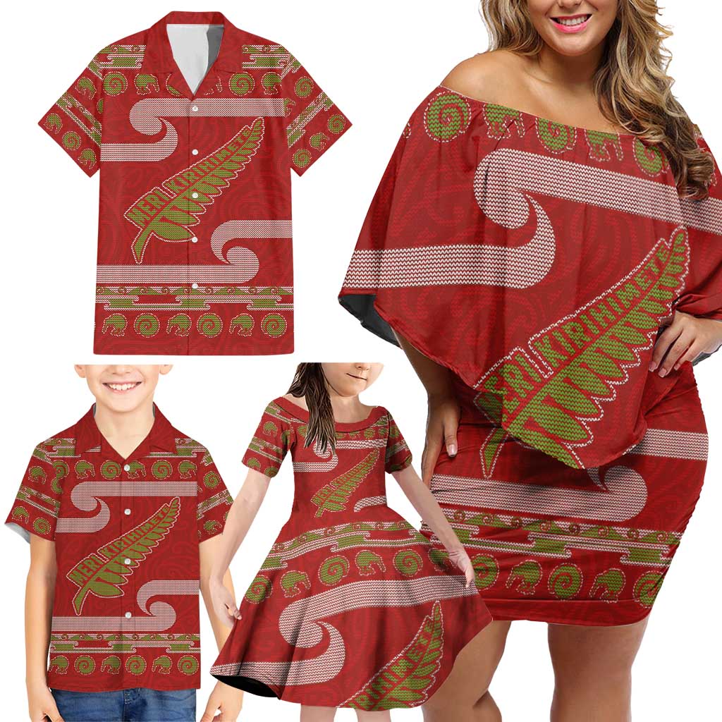 New Zealand Christmas Family Matching Off Shoulder Short Dress and Hawaiian Shirt Meri Kirihimete Silver Fern Knit Style Green Color - Polynesian Pride