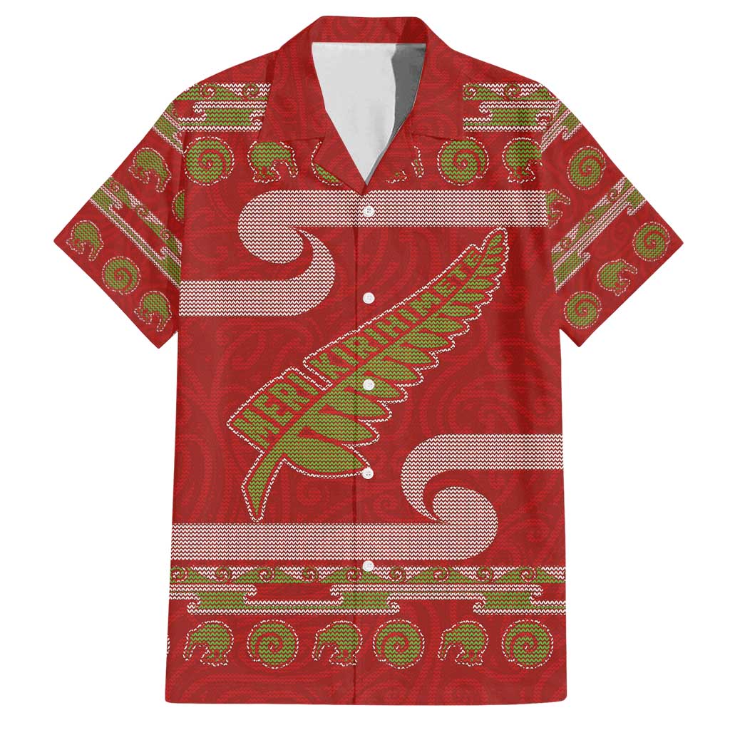 New Zealand Christmas Family Matching Puletasi and Hawaiian Shirt Meri Kirihimete Silver Fern Knit Style Green Color - Polynesian Pride