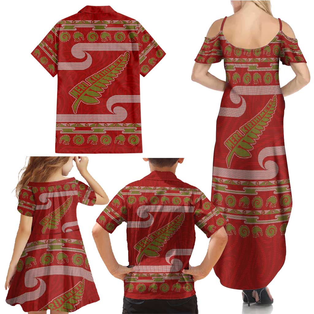 New Zealand Christmas Family Matching Summer Maxi Dress and Hawaiian Shirt Meri Kirihimete Silver Fern Knit Style Green Color - Polynesian Pride