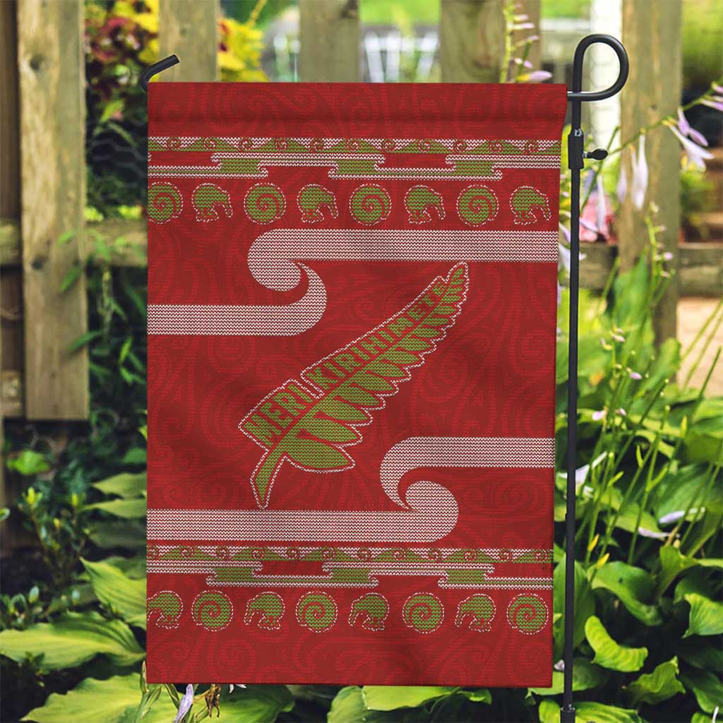 New Zealand Christmas Garden Flag Meri Kirihimete Silver Fern Knit Style Green Color - Polynesian Pride