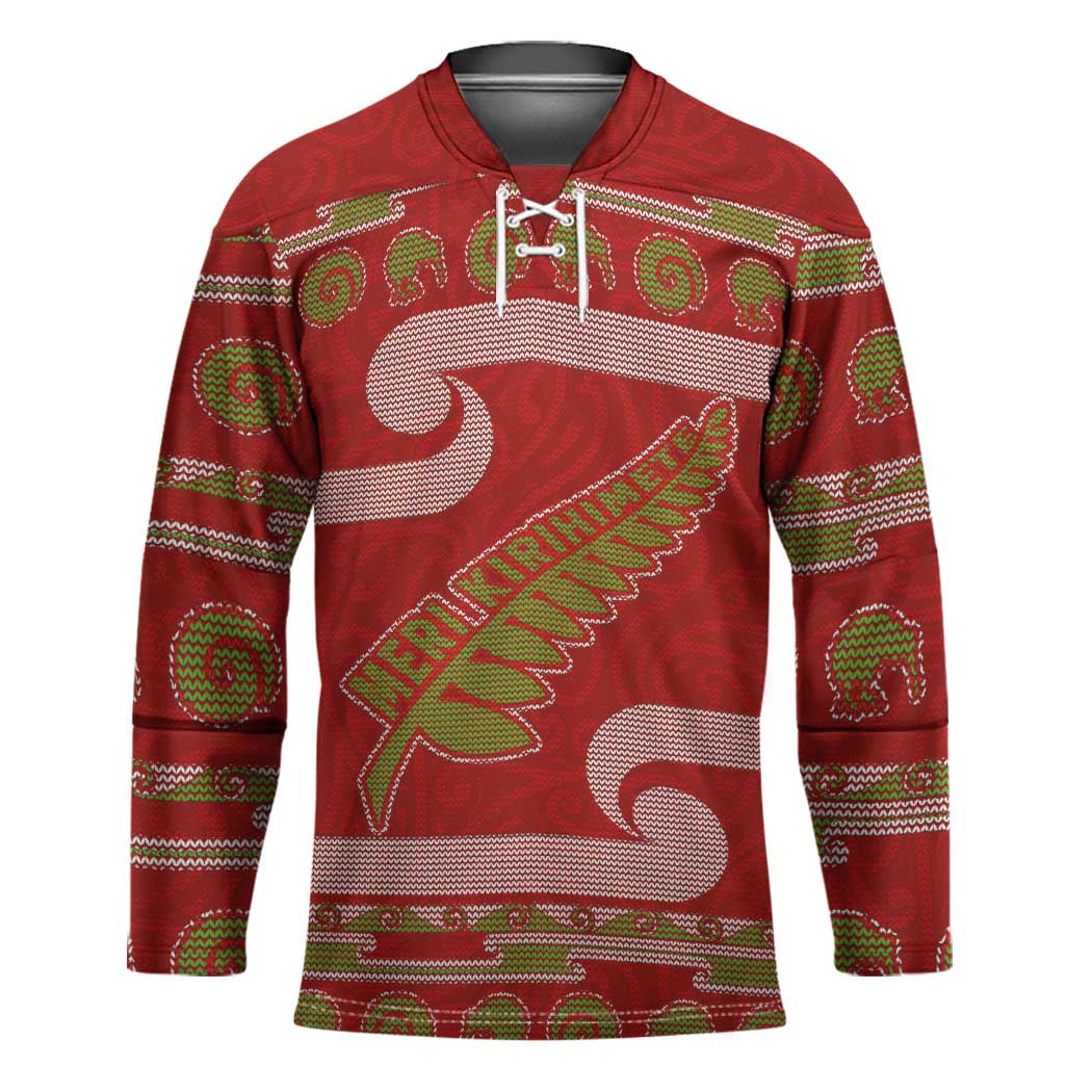 New Zealand Christmas Hockey Jersey Meri Kirihimete Silver Fern Knit Style Green Color - Polynesian Pride