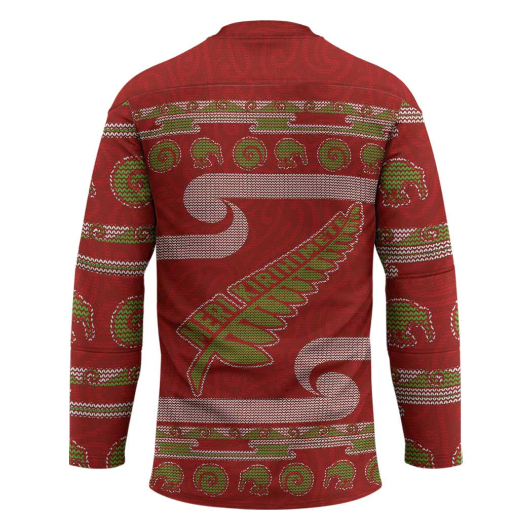 New Zealand Christmas Hockey Jersey Meri Kirihimete Silver Fern Knit Style Green Color - Polynesian Pride