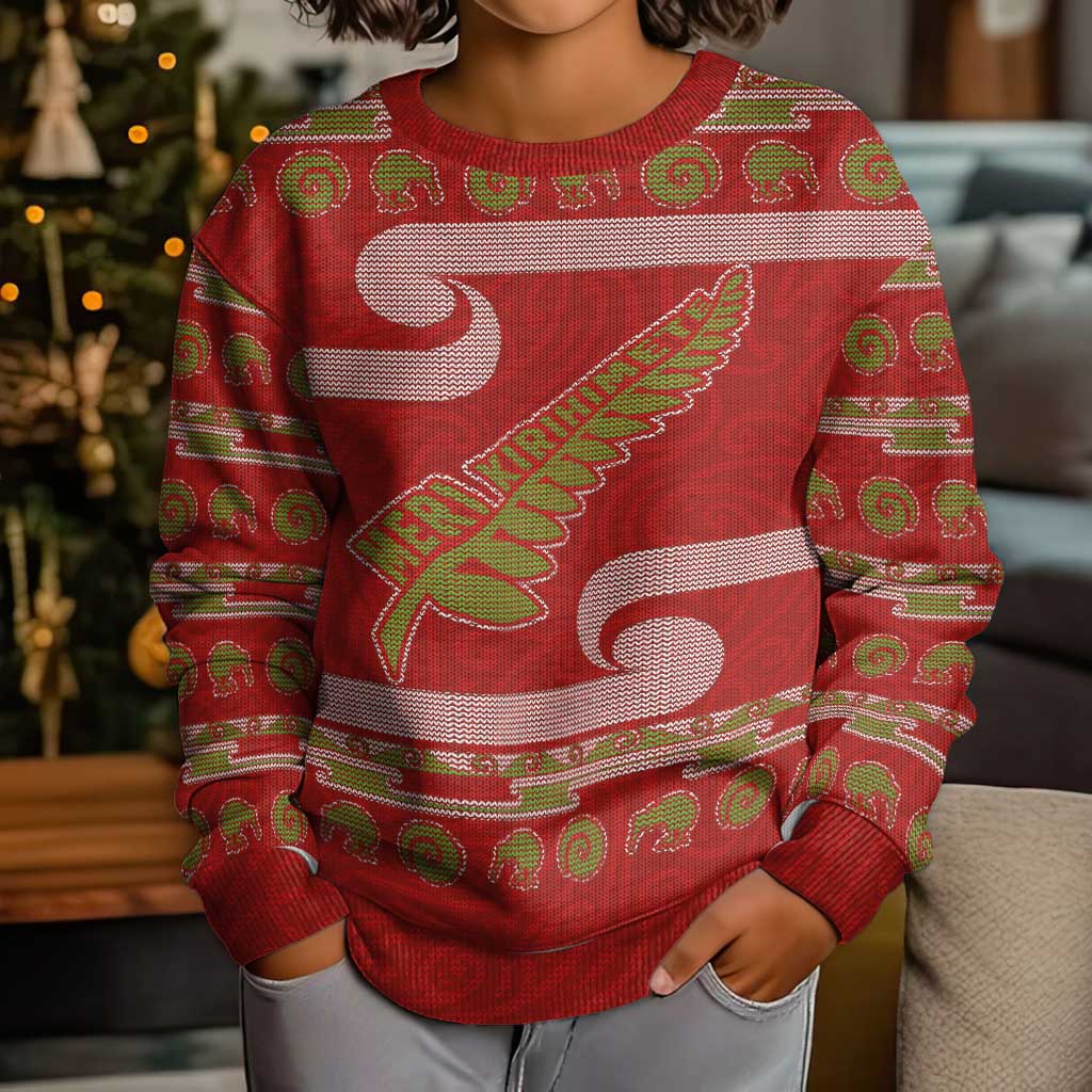 New Zealand Christmas Kid Ugly Christmas Sweater Meri Kirihimete Silver Fern Knit Style Green Color - Polynesian Pride
