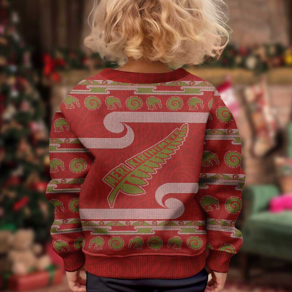 New Zealand Christmas Kid Ugly Christmas Sweater Meri Kirihimete Silver Fern Knit Style Green Color - Polynesian Pride