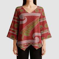 New Zealand Christmas Kimono Sleeve Blouse Meri Kirihimete Silver Fern Knit Style Green Color - Polynesian Pride