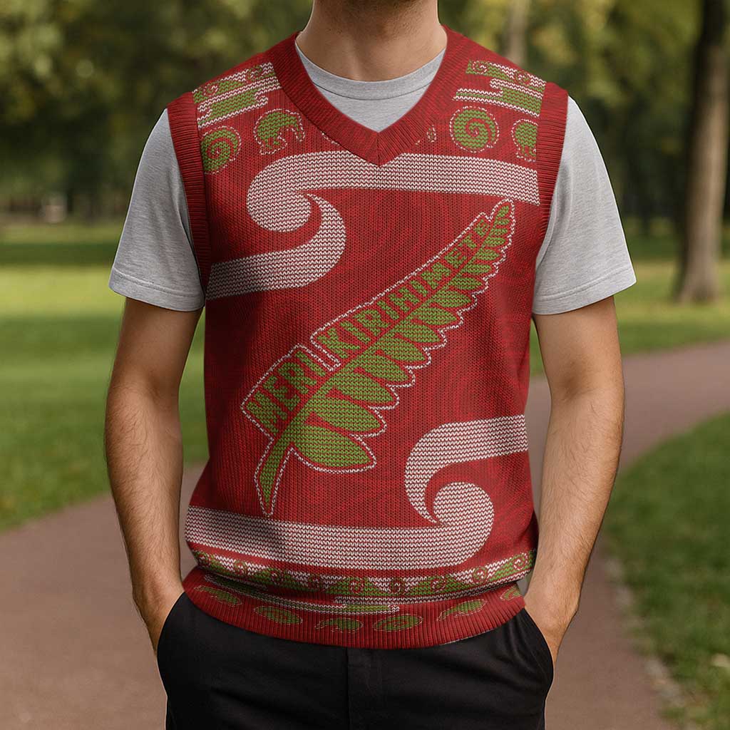 New Zealand Christmas Knitted V-Neck Vest Meri Kirihimete Silver Fern Knit Style Green Color - Polynesian Pride