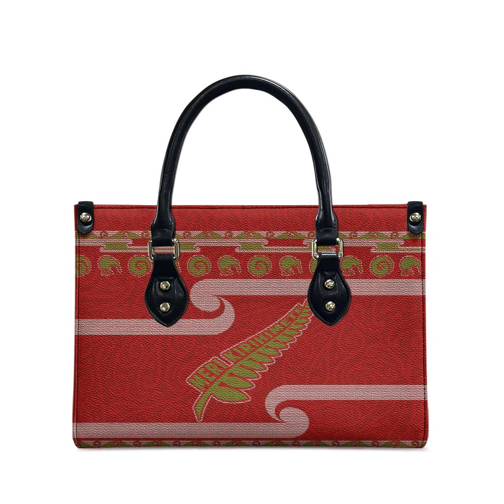 New Zealand Christmas Leather Bag Meri Kirihimete Silver Fern Knit Style Green Color - Polynesian Pride