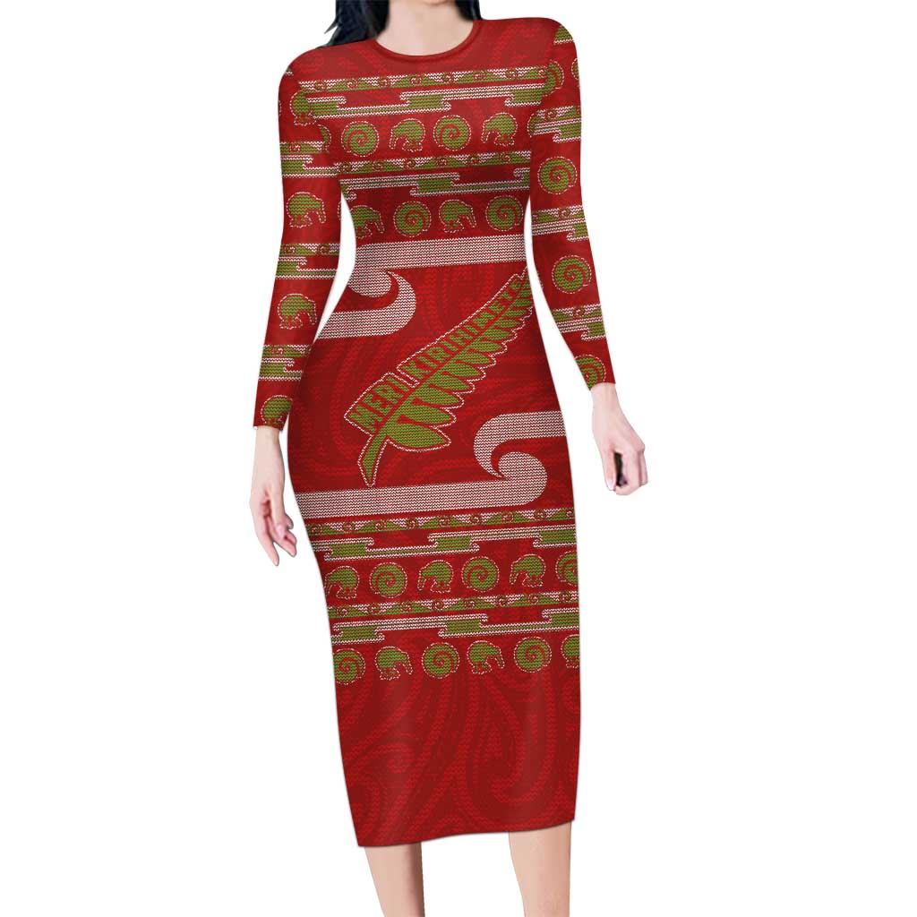 New Zealand Christmas Long Sleeve Bodycon Dress Meri Kirihimete Silver Fern Knit Style Green Color - Polynesian Pride