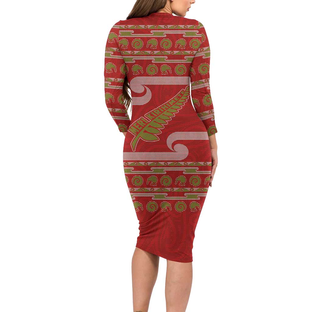 New Zealand Christmas Long Sleeve Bodycon Dress Meri Kirihimete Silver Fern Knit Style Green Color - Polynesian Pride